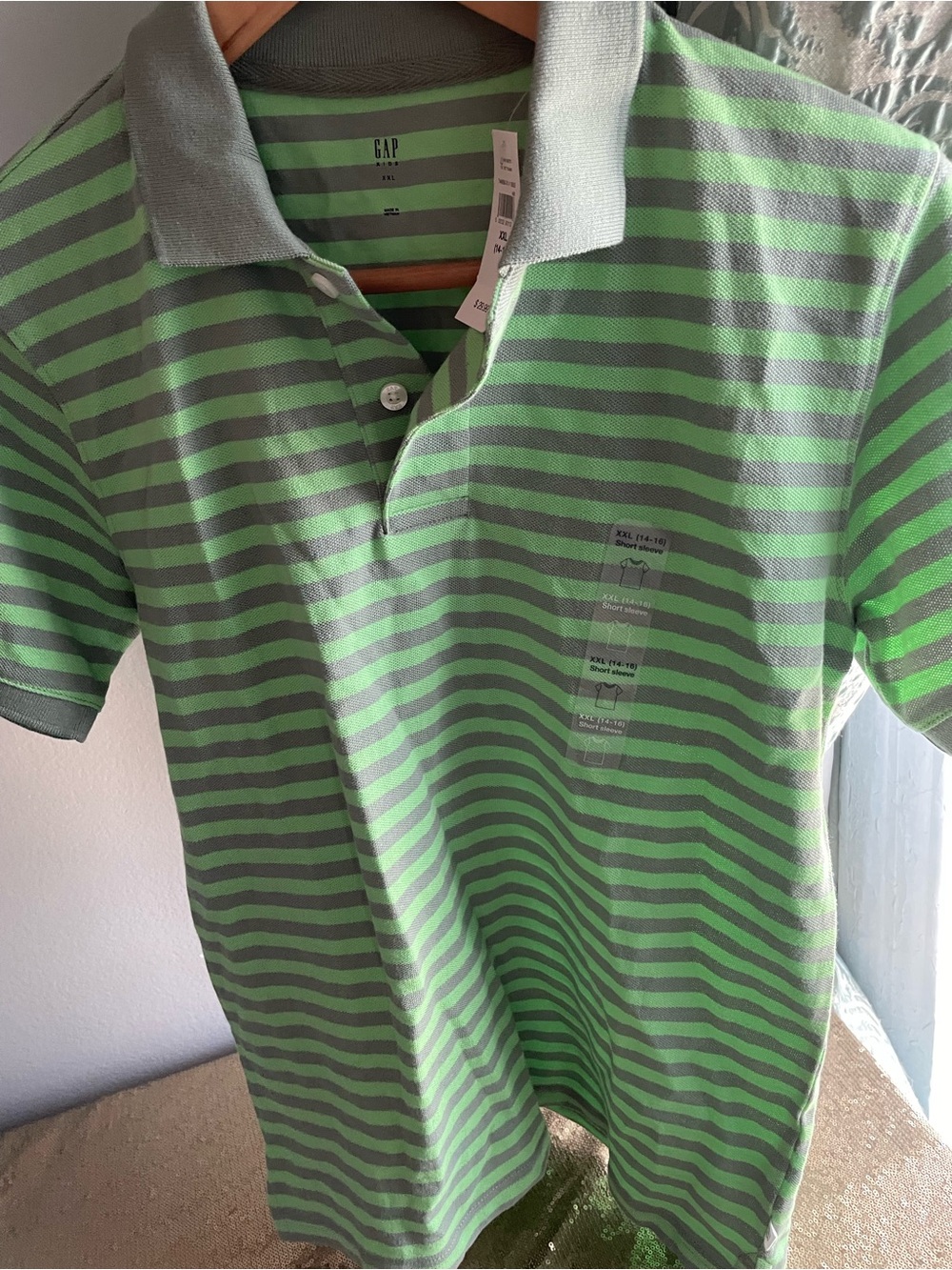 NWOT GAP Grey & Neon Green Striped Polo Collared shirt w/ buttons